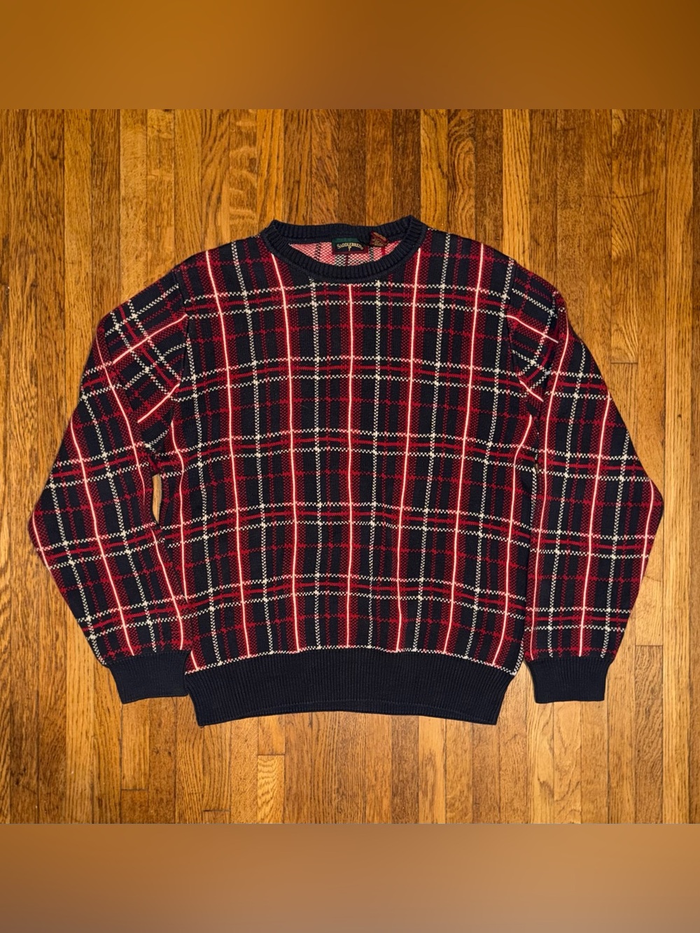 Vintage Men’s Saddlebred Plaid 100% Cotton Crewneck Sweater - Red & Navy